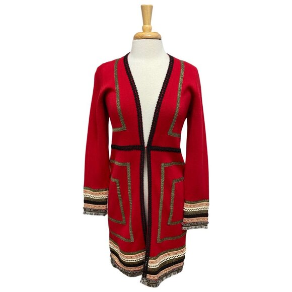 Chicos Reba Womens Red Cardigan With Tribal Embroidered Trim & Open Front - Picture 4 of 13